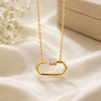 Double Layer Hollow Necklace, Geometric Link Diamond Necklace, Lab Grown Diamond Necklace, Solid Gold Minimalist Necklace, Modern Necklace,