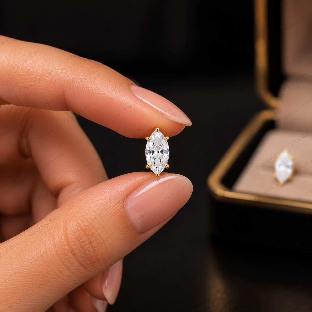Marquise Lab Grown Diamond Stud Earrings in Solid 14K Gold for Women