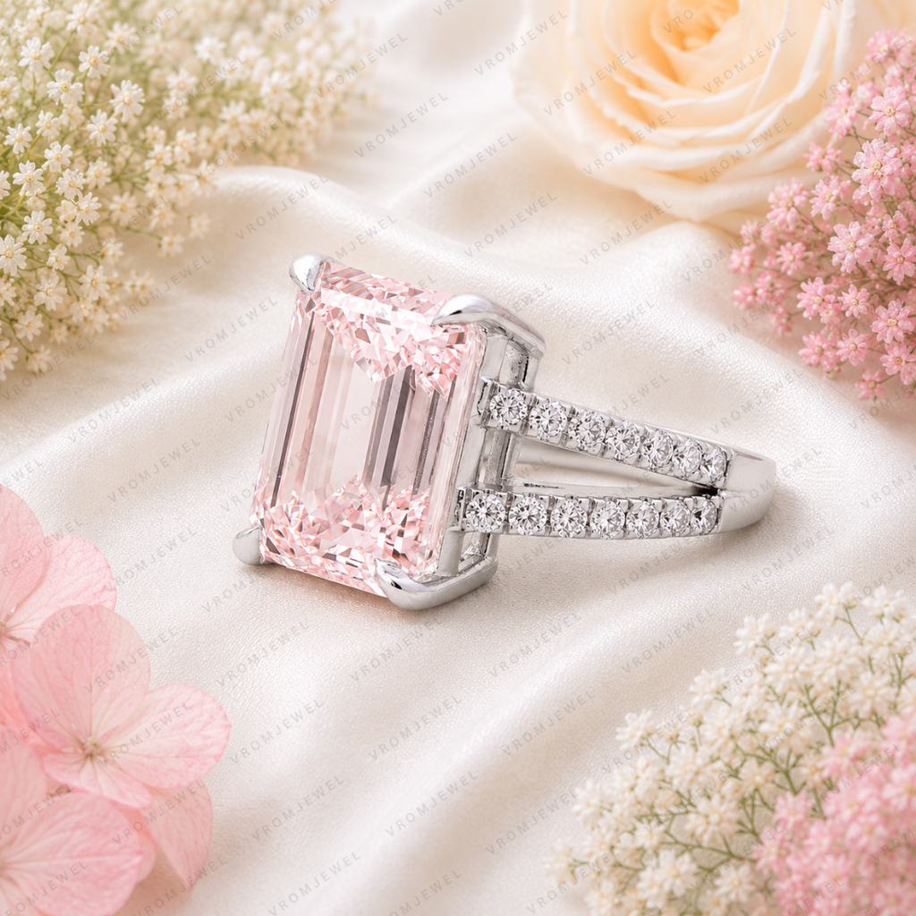 Pink Emerald Cut Lab Grown Diamond Engagement Ring, Split Shank Diamond Ring, Pink Diamond Ring, Pavé Setting, 10K 14K 18K Gold