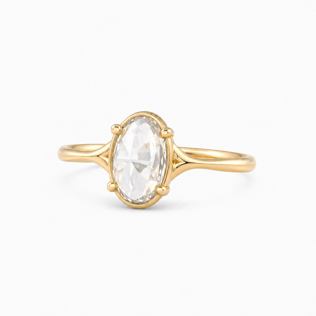 Oval Rose Cut Lab Grown Diamond Ring | 1 CT | Bezel with 4 Prong Setting | Vintage Style Engagement Ring | 14K Gold