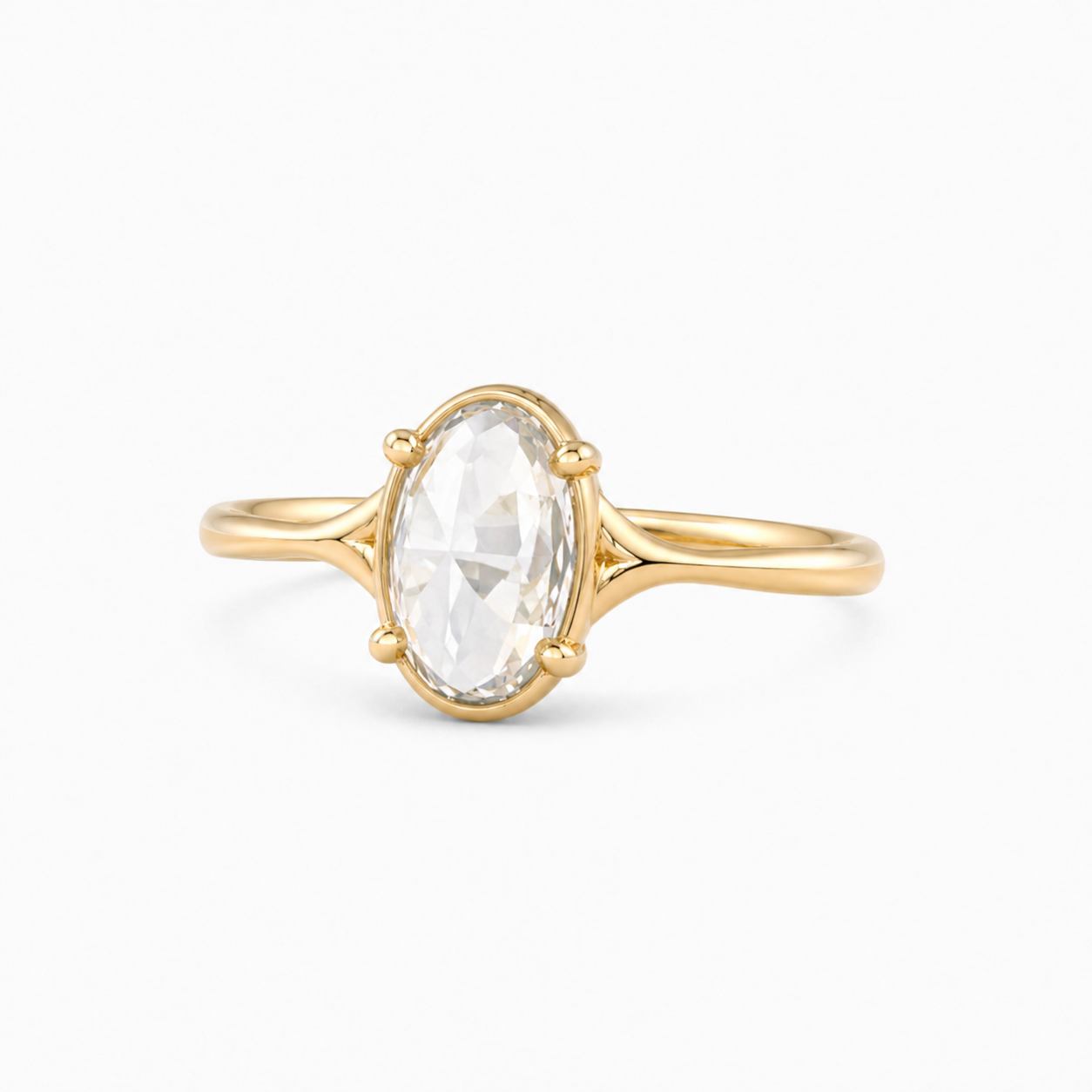 Oval Rose Cut Lab Grown Diamond Ring | 1 CT | Bezel with 4 Prong Setting | Vintage Style Engagement Ring | 14K Gold