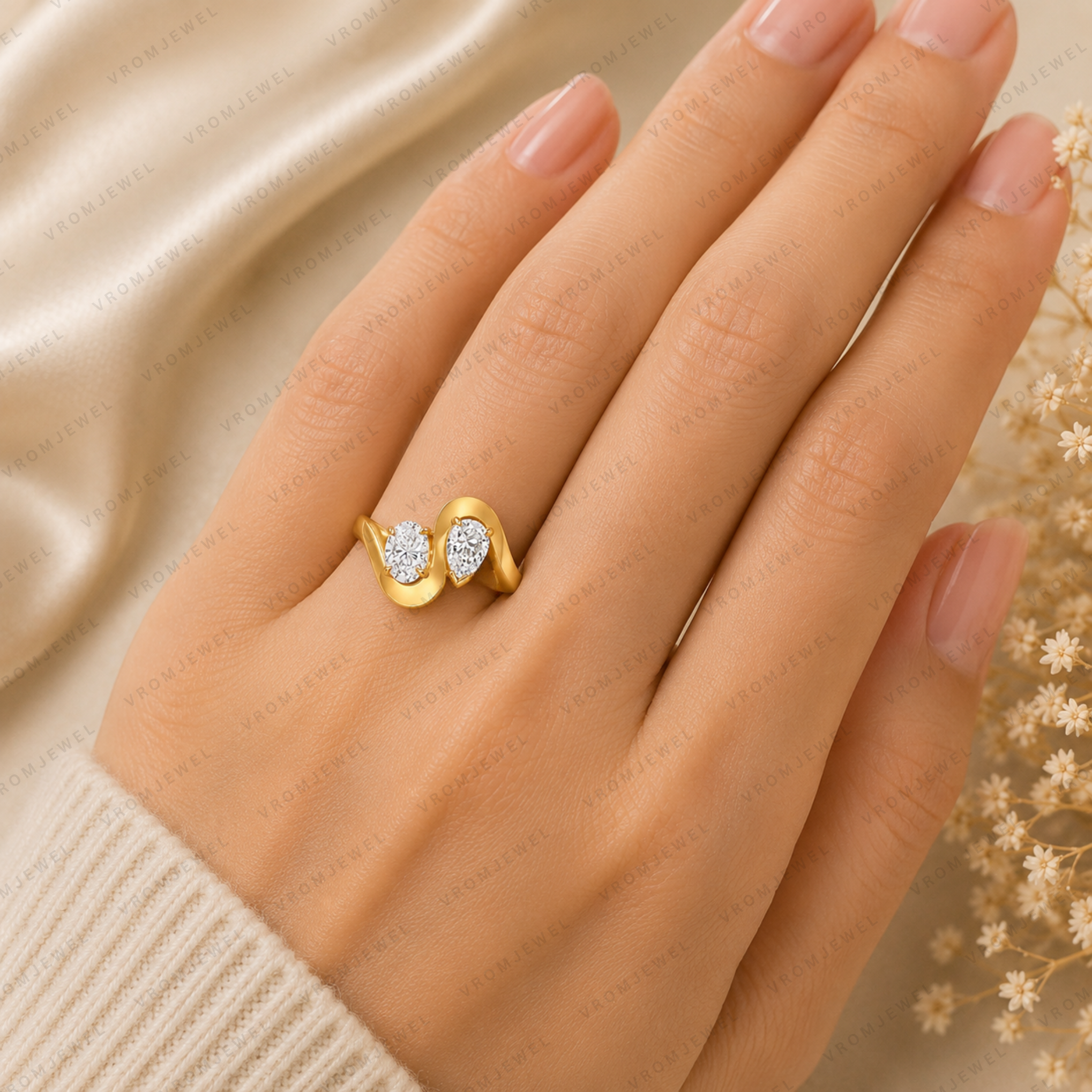 Oval & Pear Lab Grown Diamond Two Stone Bypass Anniversary Ring