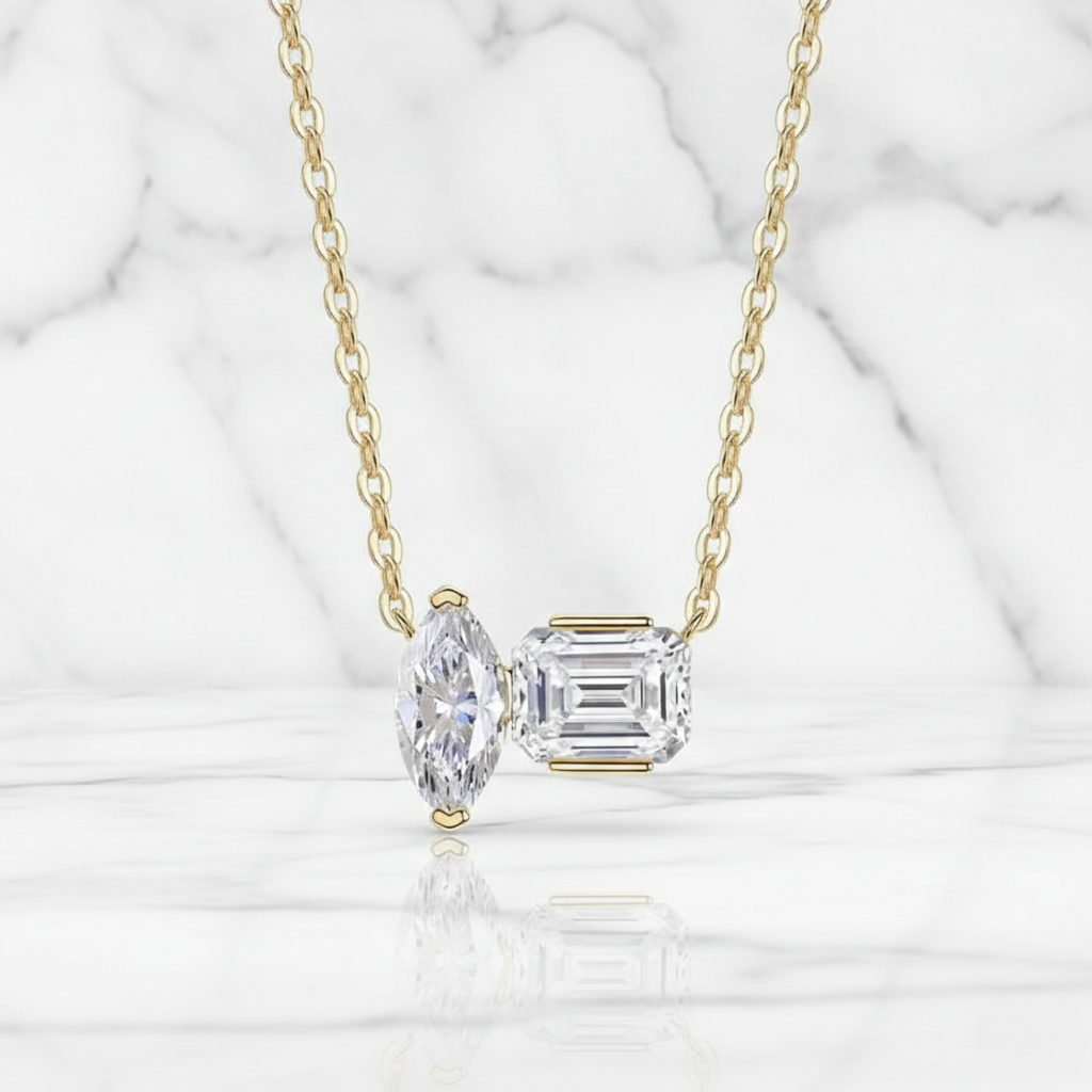 Duo Pendant Necklace Marquise and Emerald | Lab Grown Diamond | 14K Yellow Gold Modern Style