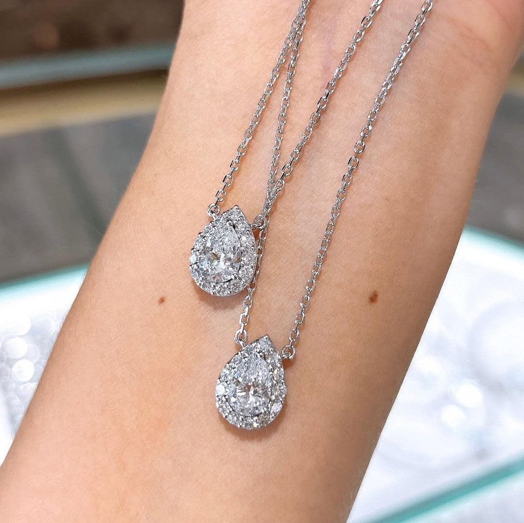 Dainty Pear Halo Pendant Necklace | Lab Grown Diamond | 14K Yellow Gold