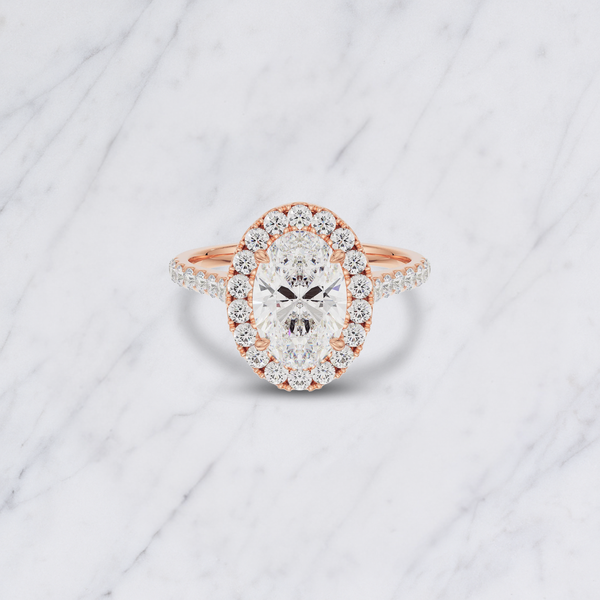 Oval Shape Lab Grown Diamond Halo Engagement Ring with Side Stones in Solid 14K Gold