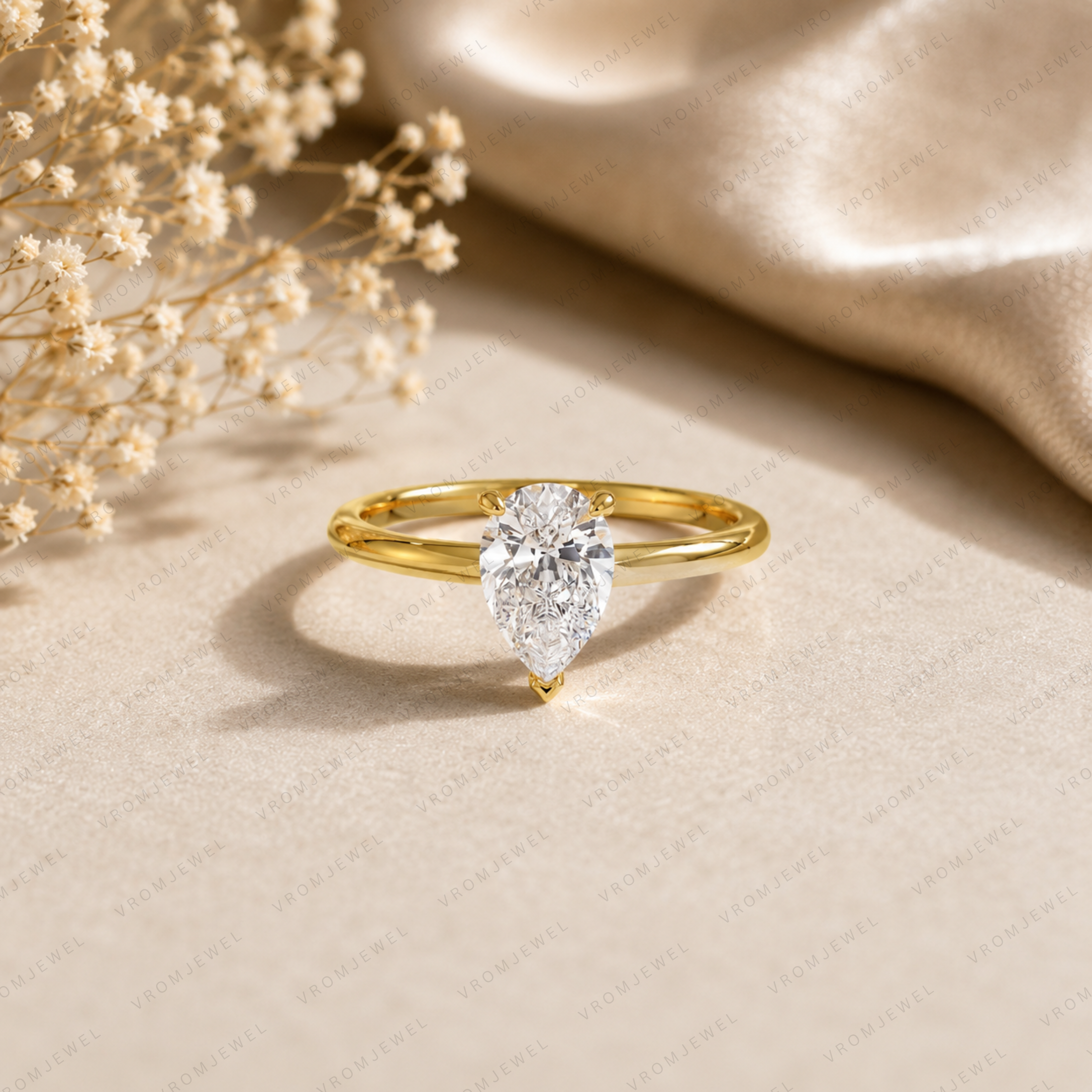 Pear Cut Lab Grown Diamond Solitaire Engagement Ring in Solid 14K Gold