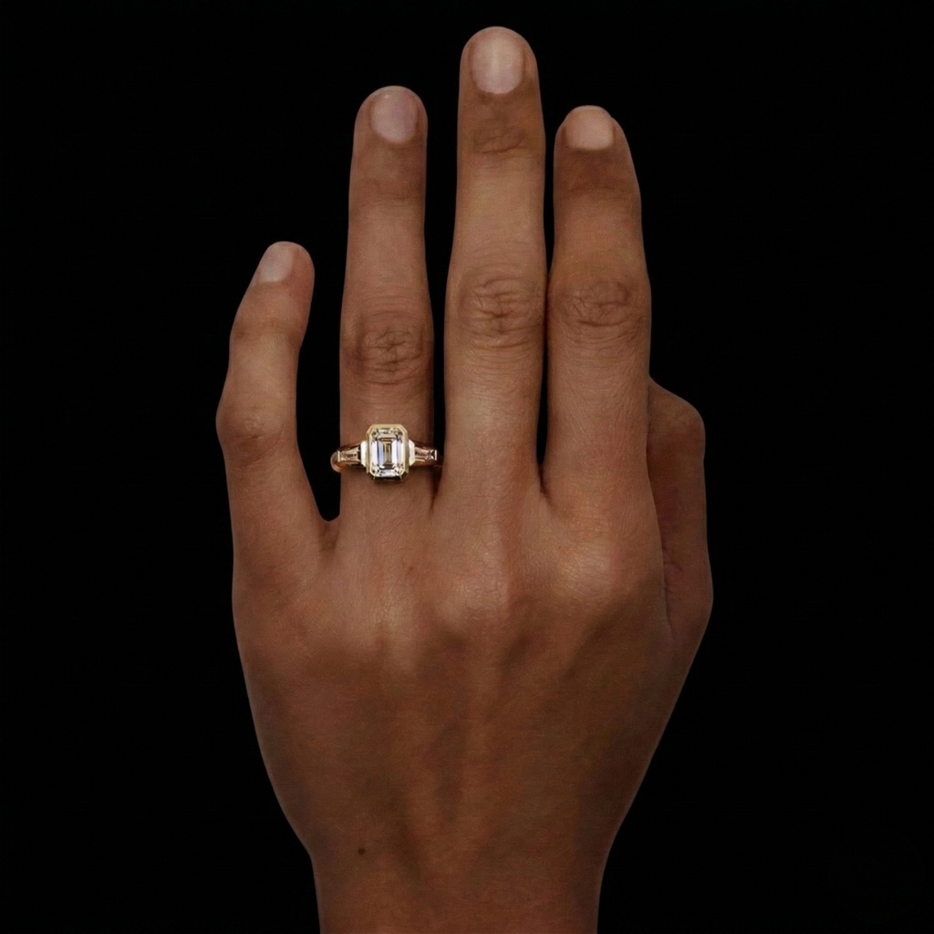 Emerald Cut Lab Grown Diamond Engagement Ring, Tapered Baguette Three Stone Ring, 14K Yellow Gold Bezel Set Ring, IGI Certified