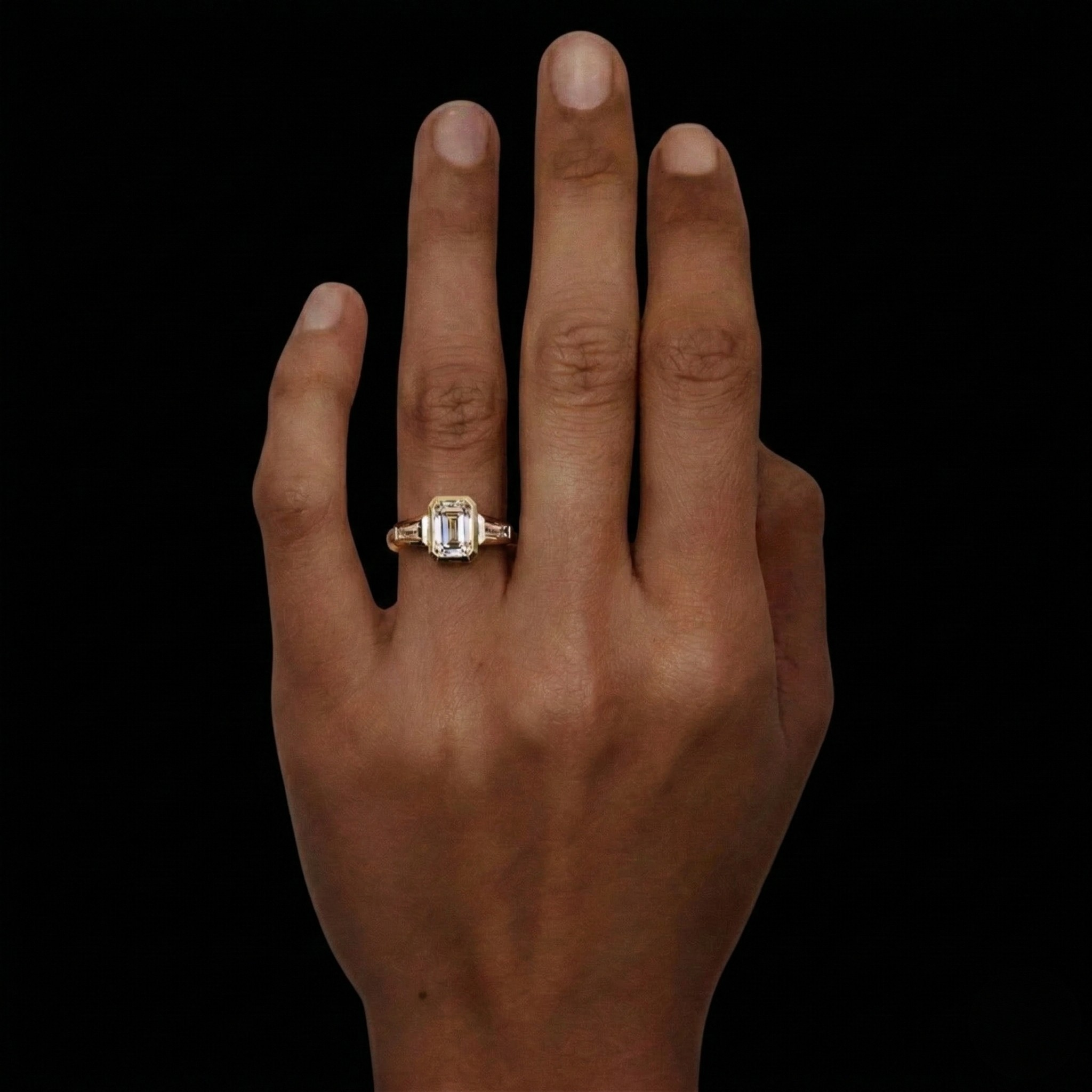 Emerald Cut Lab Grown Diamond Engagement Ring, Tapered Baguette Three Stone Ring, 14K Yellow Gold Bezel Set Ring, IGI Certified