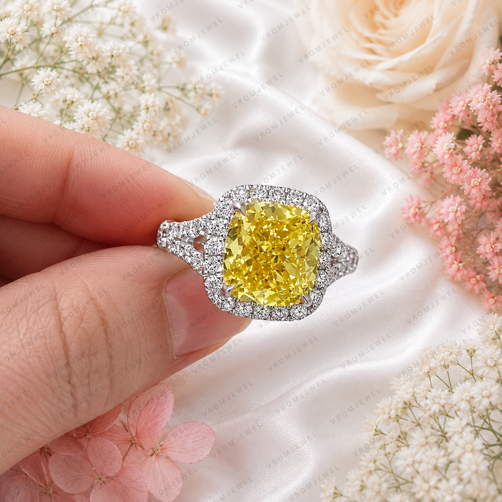 3.00 Carat Yellow Cushion Lab Grown Diamond Ring, Yellow Diamond Engagement Ring, Diamond Halo Ring, Pavé Band, Statement Ring, 10K 14K 18K