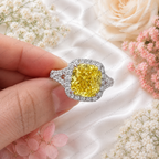 3.00 Carat Yellow Cushion Lab Grown Diamond Ring, Yellow Diamond Engagement Ring, Diamond Halo Ring, Pavé Band, Statement Ring, 10K 14K 18K