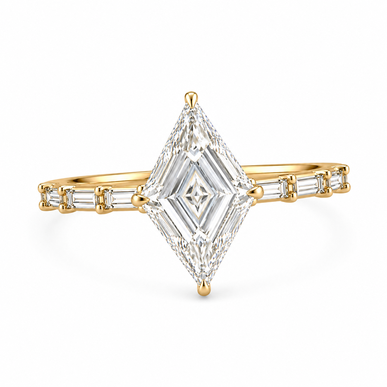 Lozenge Shape Lab Grown Diamond Ring | 2 CT | Baguette Pave Band | Geometric Modern Engagement Ring | 14K Gold