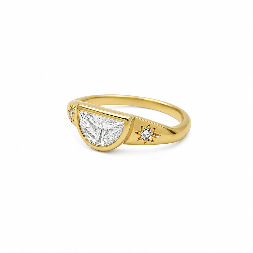 Half Moon Diamond Signet Ring, Modern Lab Grown Diamond Ring, Geometric Gold Signet Ring, Minimal Statement Ring, Unique Diamond Ring
