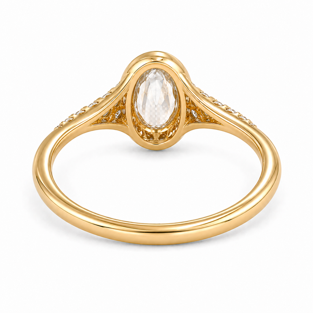 Oval Rose Cut Lab Grown Diamond Ring | 1 CT | Bezel Setting | Graduated Side Accents | Art Deco Vintage Engagement Ring | 14K Gold