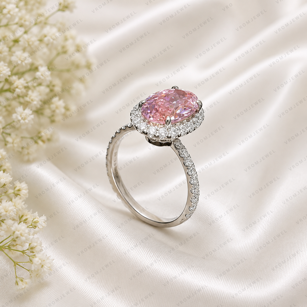 Pink Oval Lab Grown Diamond Engagement Ring, 2.50 Carat Pink Diamond Ring, Oval Halo Ring, Pave Diamond Band, Vintage Inspired Ring, 10K 14K