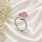 Pink Oval Lab Grown Diamond Engagement Ring, 2.50 Carat Pink Diamond Ring, Oval Halo Ring, Pave Diamond Band, Vintage Inspired Ring, 10K 14K