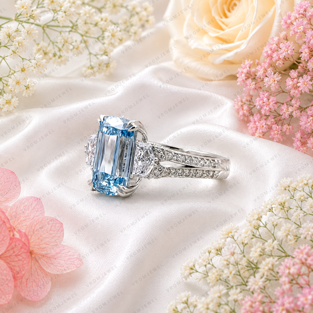 Blue Criss Cut Lab Grown Diamond Engagement Ring, 5 Carat Blue Diamond Ring, Criss Cut Statement Ring, Baguette Side Stones, Pavé Band