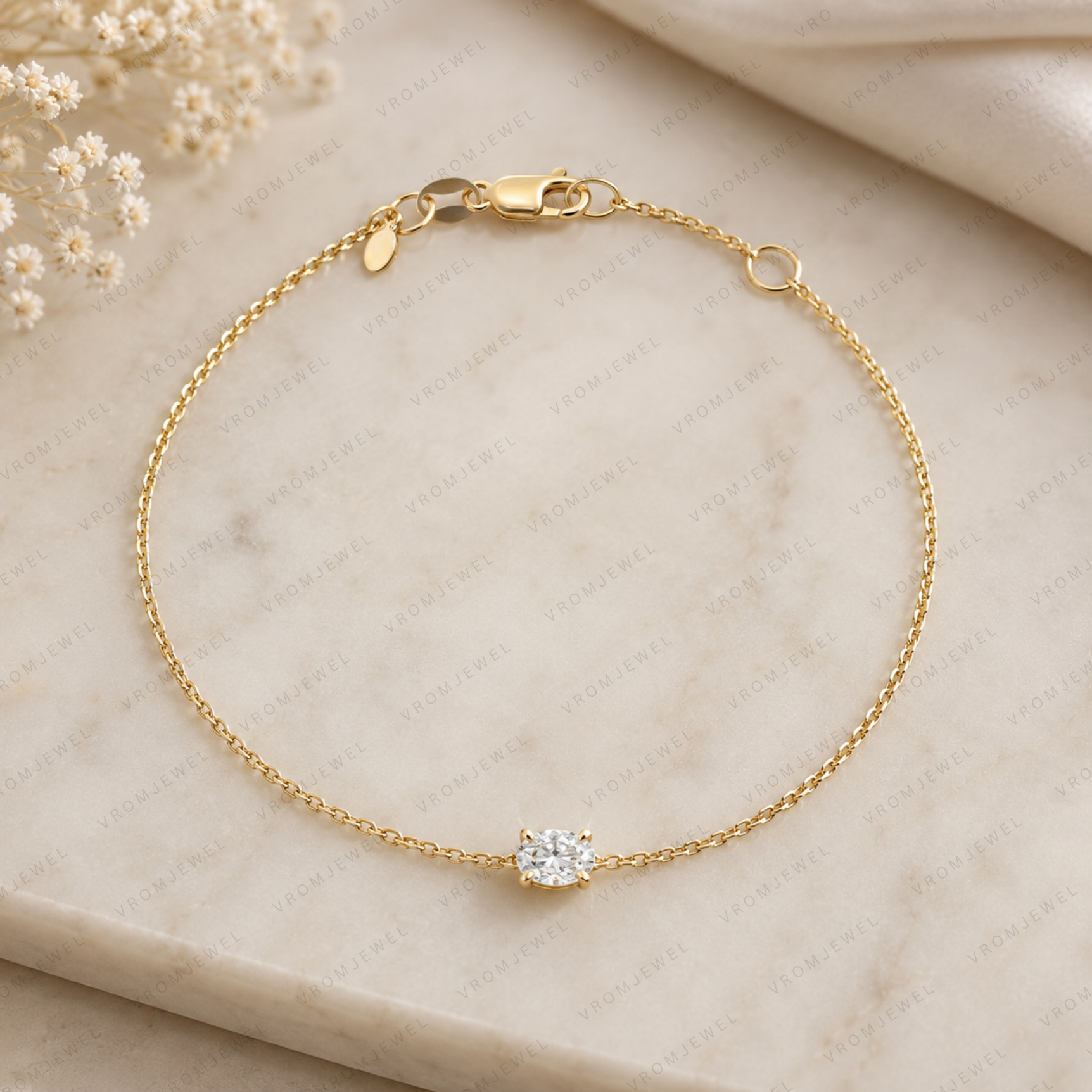 Minimalist Oval Lab Grown Diamond Solitaire Bracelet in Solid 14K Gold