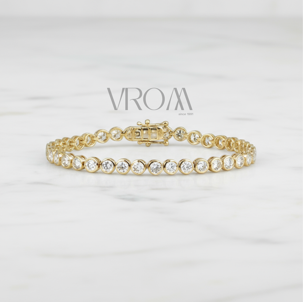 Bezel Set Round Lab Grown Diamond Tennis Bracelet in Solid 14K Gold