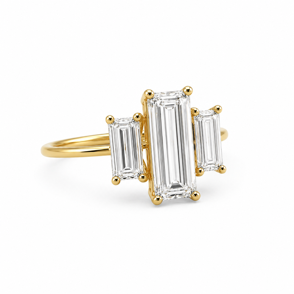 3 Stone Baguette Lab Grown Diamond Ring | 3 CT Total | Step Cut Engagement Ring | 14K Gold Proposal Ring