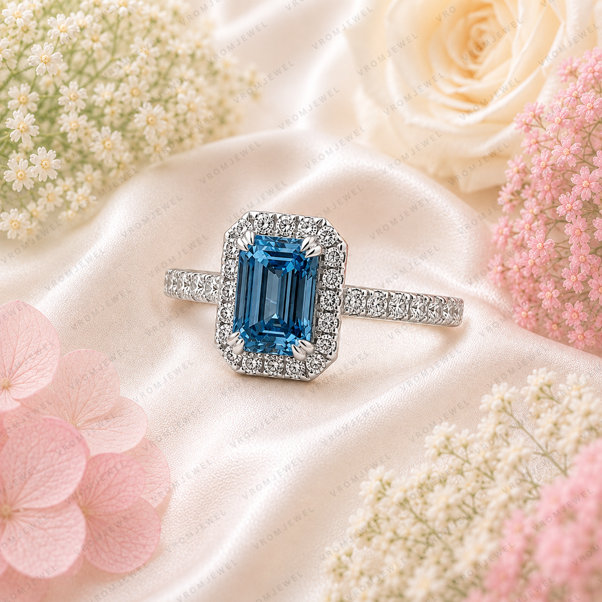 Blue Emerald Cut Lab Grown Diamond Ring, 1.50 Carat Blue Diamond Engagement Ring, Emerald Cut Halo Ring, Round Diamond Accents, Pavé Band