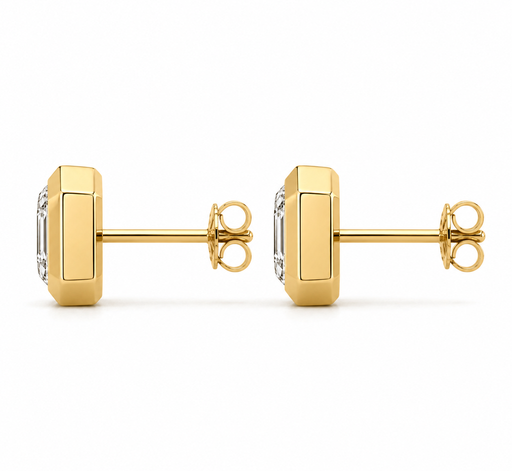 Asscher Cut Lab Grown Diamond Stud Earrings | 2 CTW | Bezel Set | Modern Geometric Studs | 14K Gold