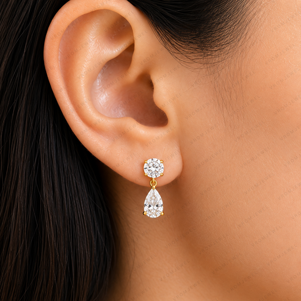 Round & Pear Cut Lab Grown Diamond Two Stone Earrings in Solid 14K Gold