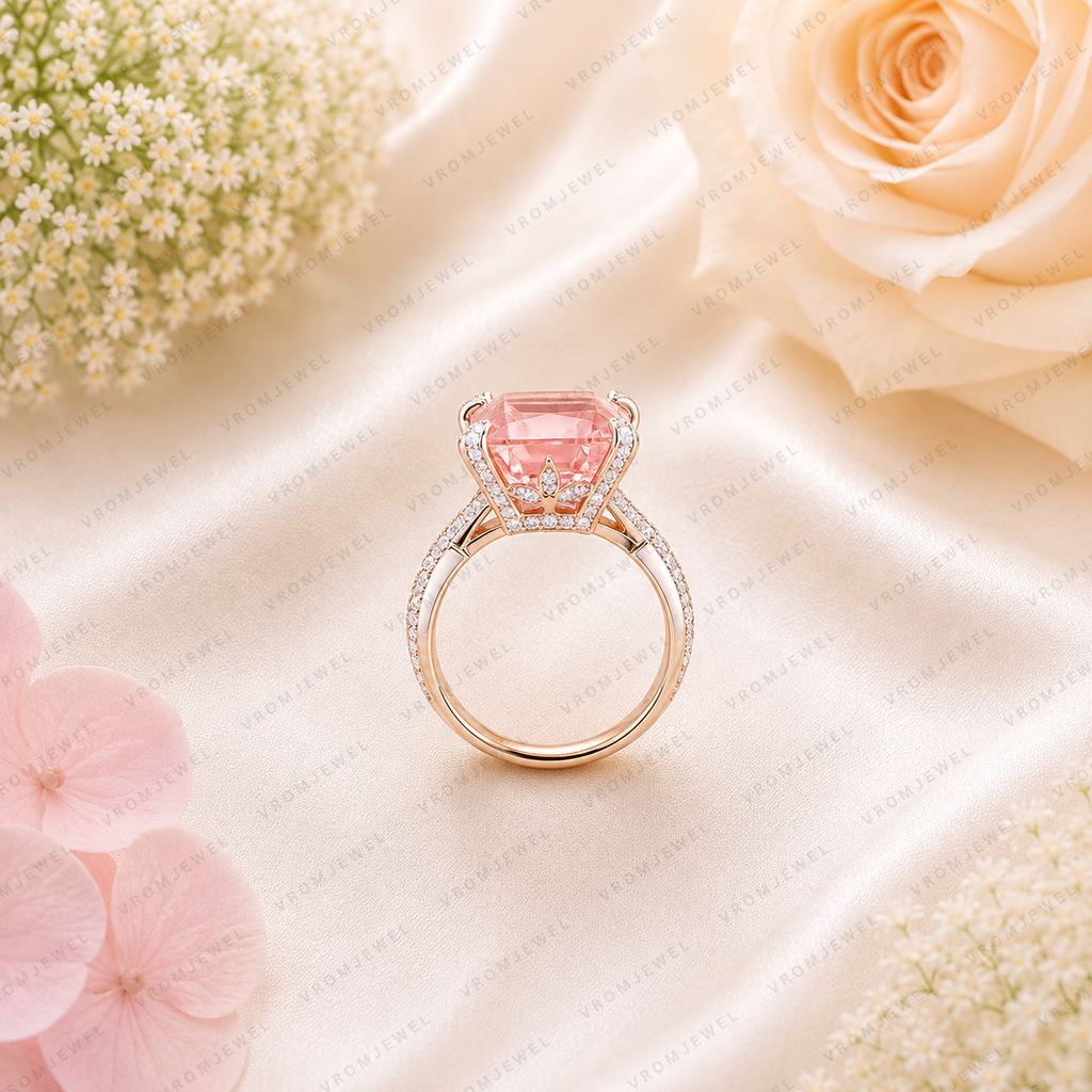 Pink Emerald Cut Lab Grown Diamond Engagement Ring, Halo Diamond Ring, Pink Diamond Ring, Pavé Band, 4 Prong Setting, 10K 14K 18K Gold