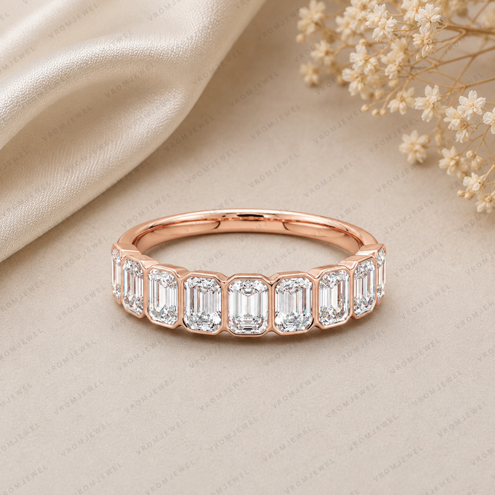 Emerald Cut Lab Grown Diamond Bezel Set Wedding Band in Solid 14K Gold