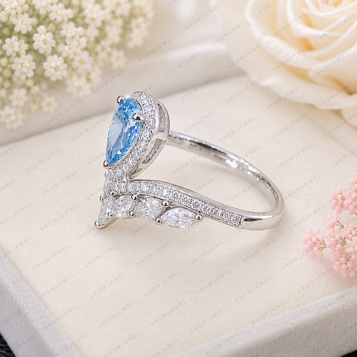 Blue Pear Shape Lab Grown Diamond Ring, 0.80 Ct Blue Diamond Engagement Ring, Marquise & Round Diamond Accents, Halo Ring, Unique BridalRing