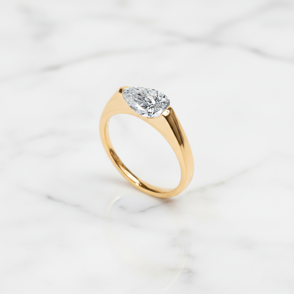 Modern Pear Cut East West Ring | Lab Grown Diamond | 14K Yellow Gold Sleek Style