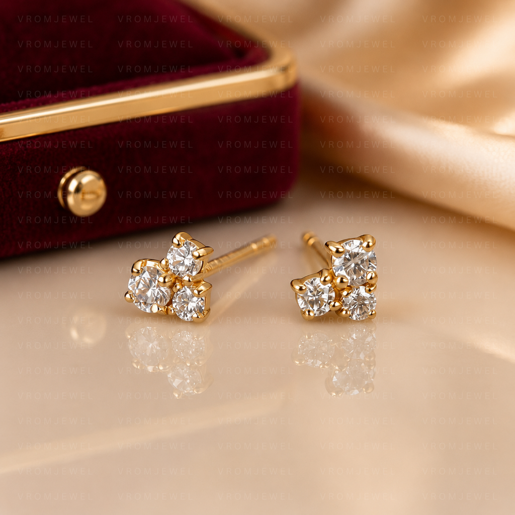 Three Stone Diamond Stud Earrings, Round Lab Grown Diamond Earrings, Minimal Diamond Earrings, Gold Stud Earrings, Everyday Diamond Jewelry