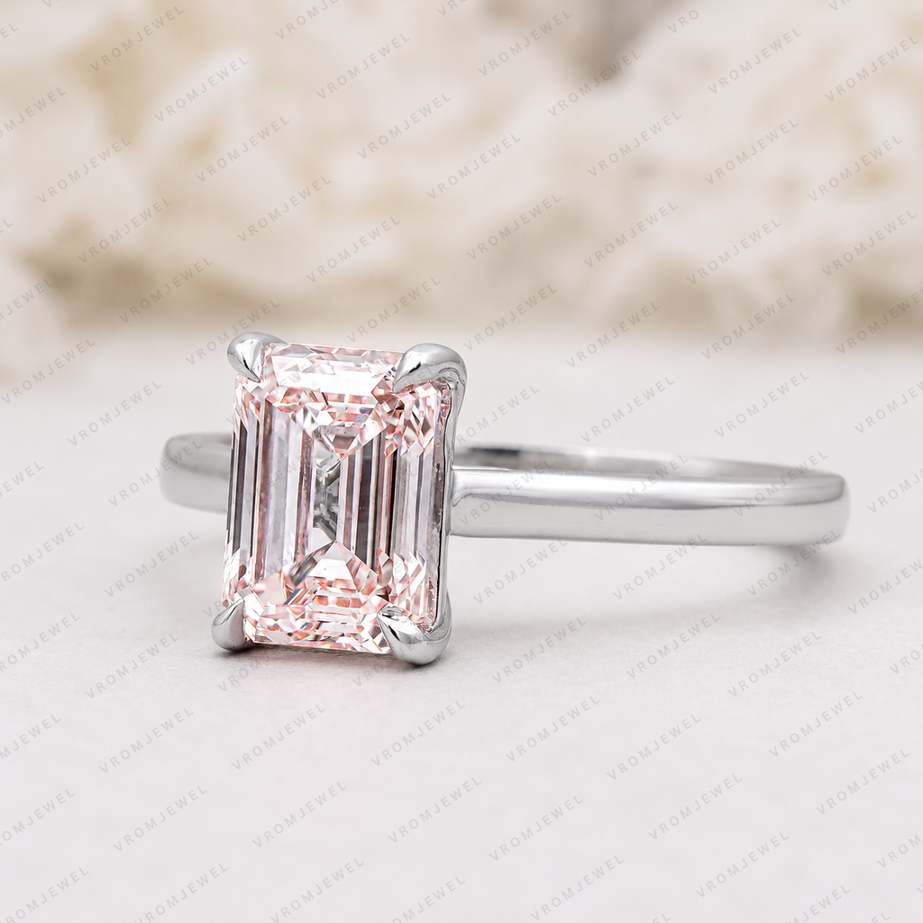 Pink Emerald Cut Lab Grown Diamond Engagement Ring, Minimalist Solitaire Ring, Pink Diamond Ring, 4 Prong Setting, 10K 14K 18K Gold