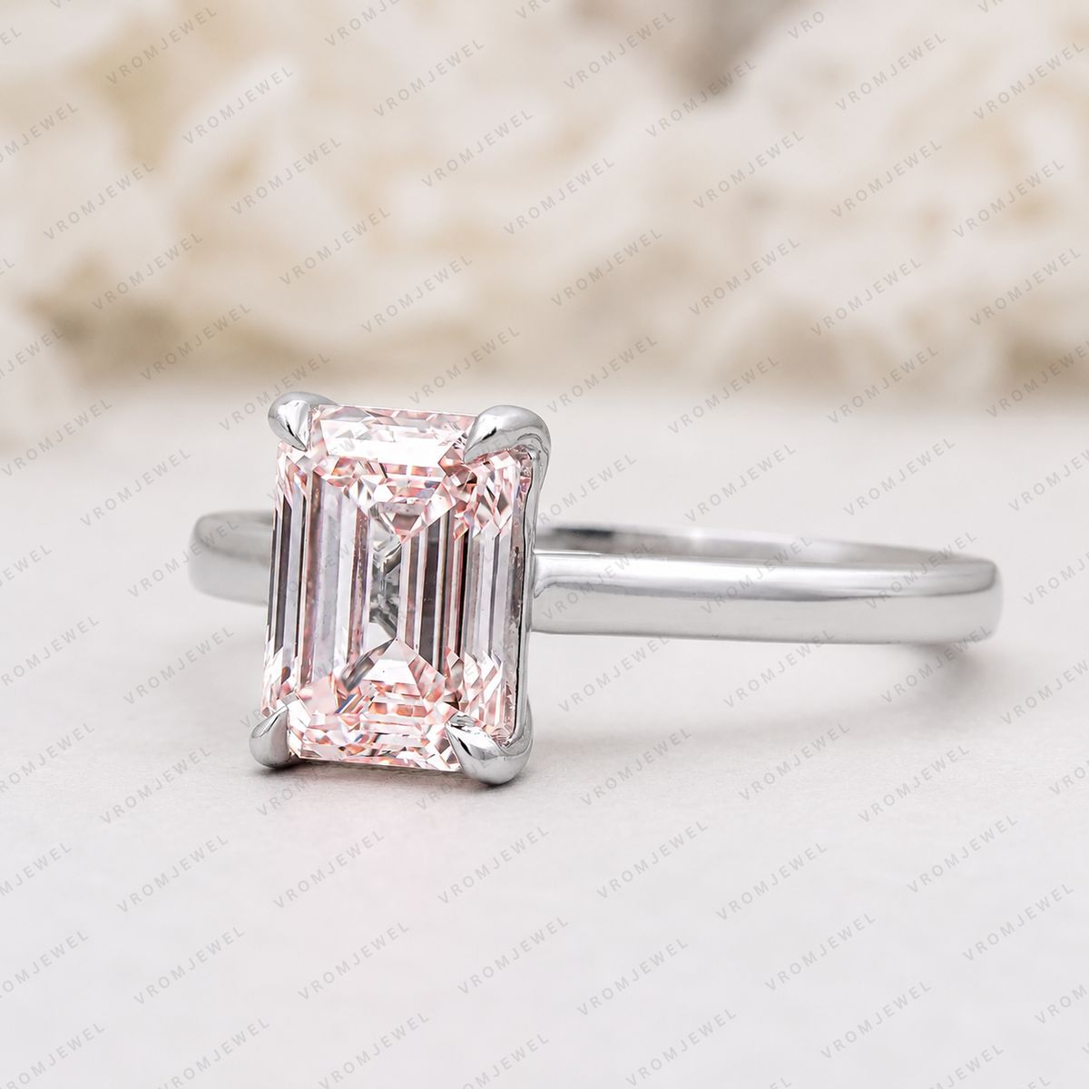 Pink Emerald Cut Lab Grown Diamond Engagement Ring, Minimalist Solitaire Ring, Pink Diamond Ring, 4 Prong Setting, 10K 14K 18K Gold