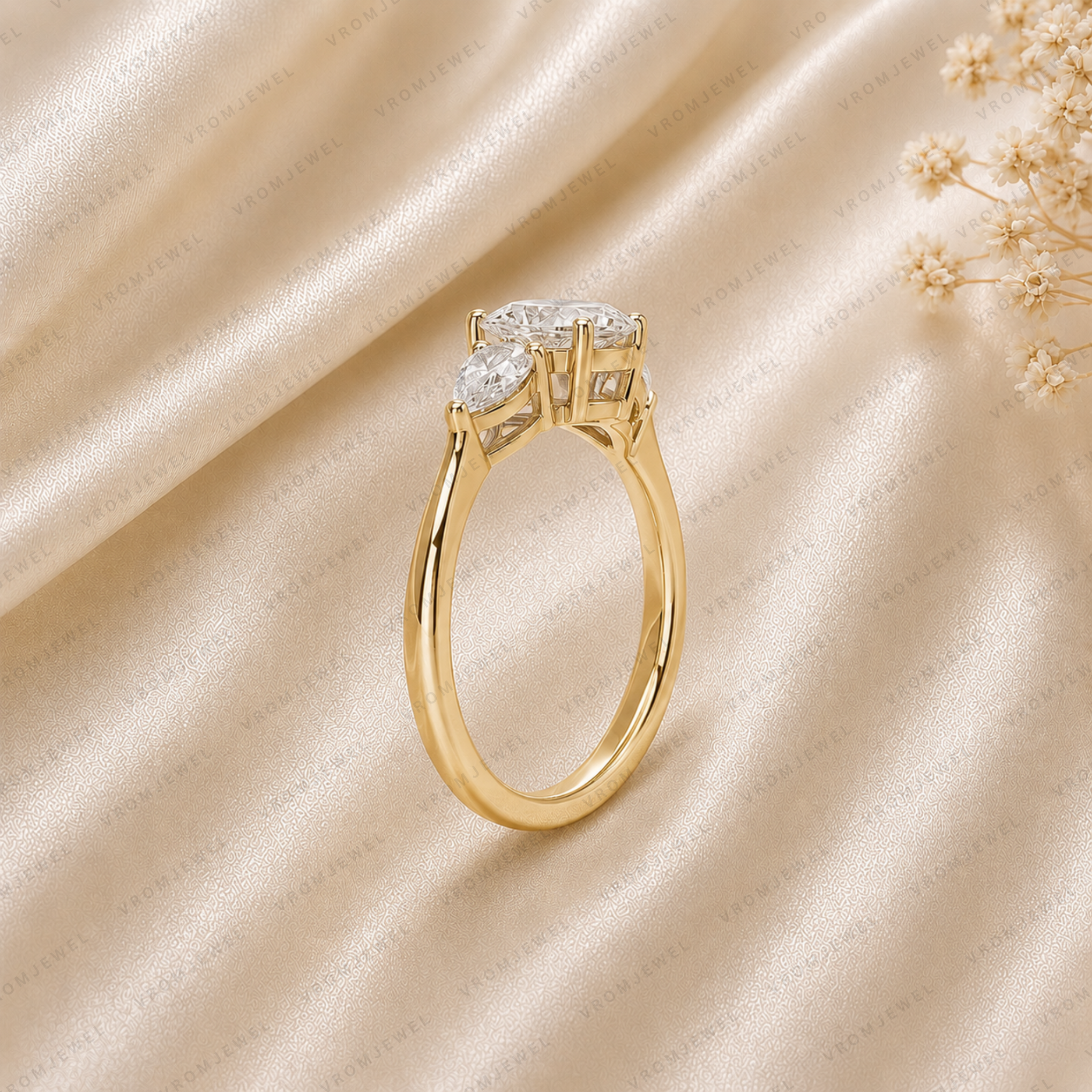 Oval Engagement Ring | Lab Grown Diamond | Pear Side Stones | Prong Set | 14K Yellow Gold