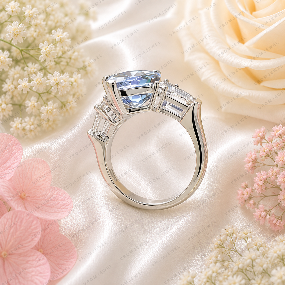 8 Carat Blue Marquise Lab Grown Diamond Ring, Blue Diamond Engagement Ring, Pear Shape Diamond Accents, Unique Statement Ring, 10K 14K 18K
