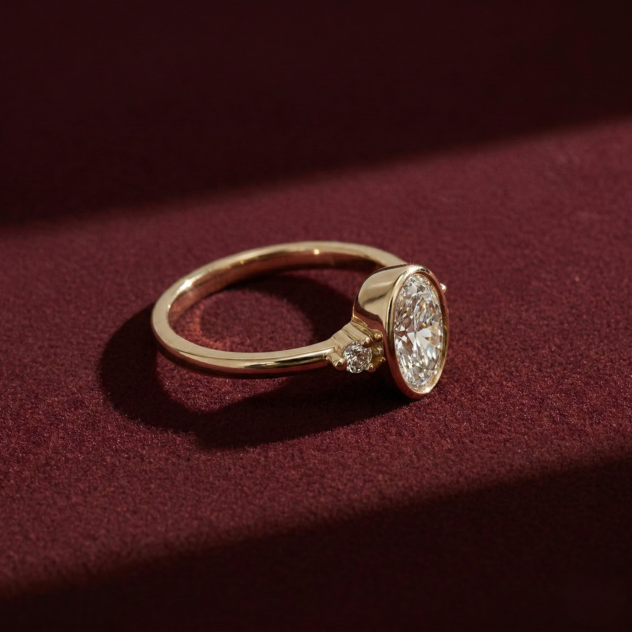 Oval Lab Grown Diamond Engagement Ring, Bezel Set Oval Ring with Round Side Stones, 14K Yellow Gold, IGI Certified Diamond Ring