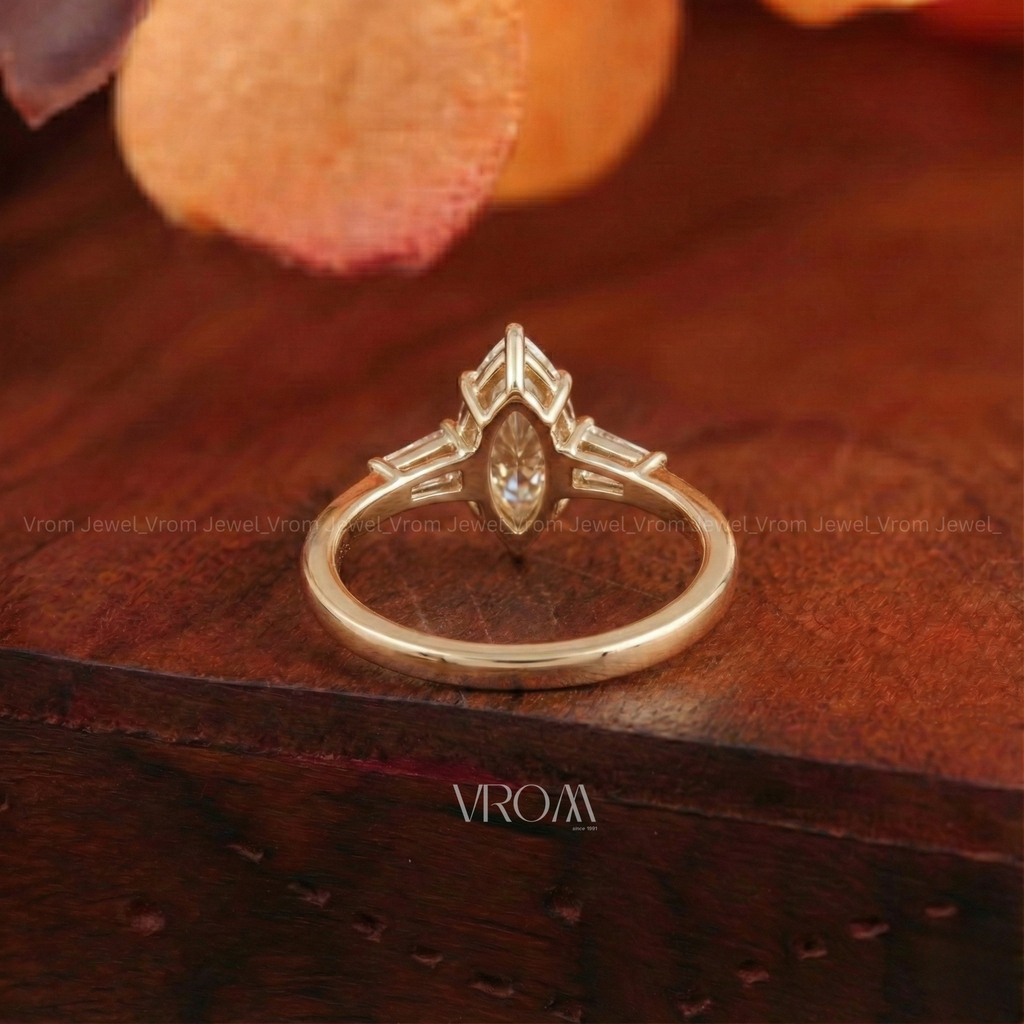 Marquise Cut 3 Stone Ring with Tapered Baguette Trio | Lab Grown Diamond | 14K Yellow Gold