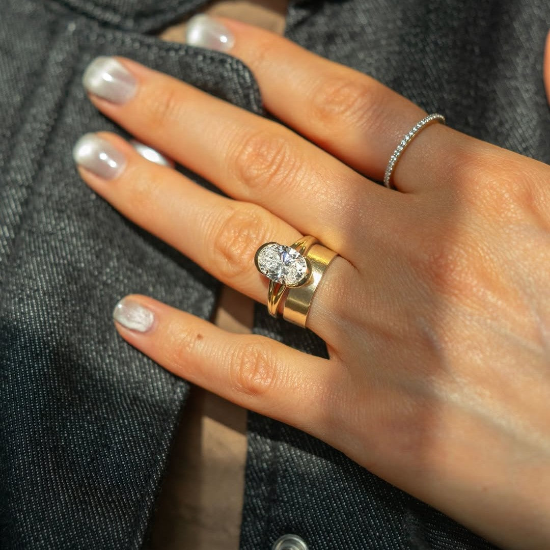 Minimal Oval Half Bezel Ring | Lab Grown Diamond | 14K Yellow Gold