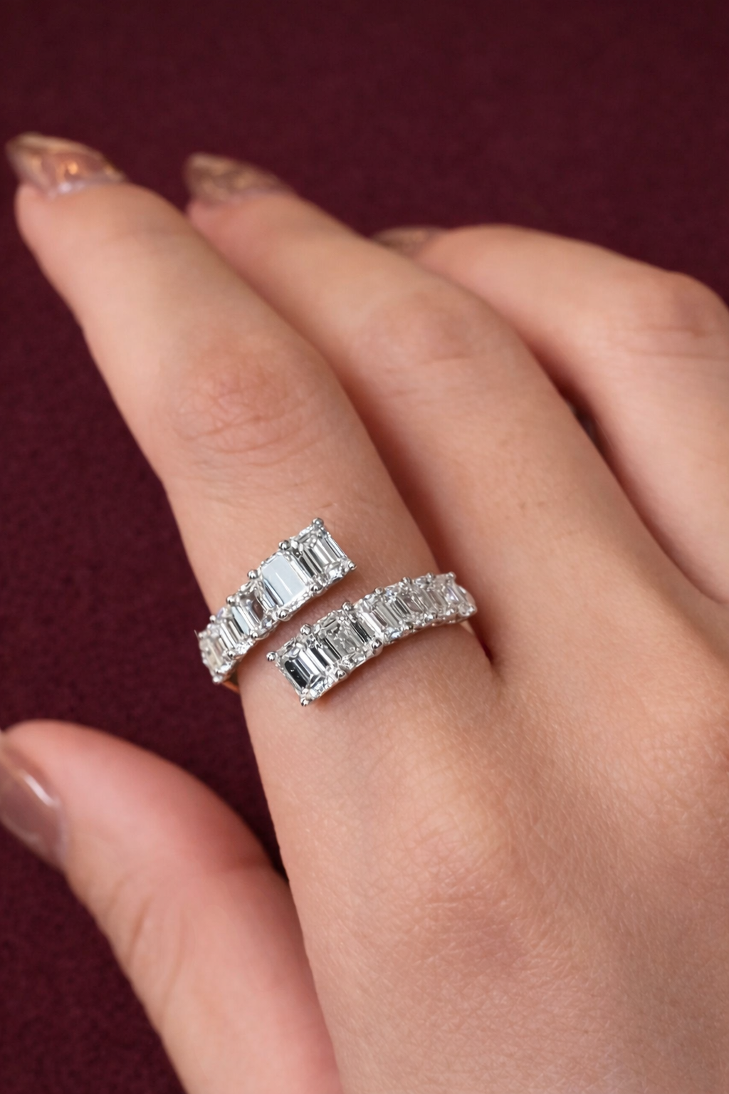 Graduated Emerald Diamond Bypass Ring, Emerald Cut Diamond Twist Ring, Modern Bypass Diamond Engagement Ring, Unique Diamond Statement Ring
