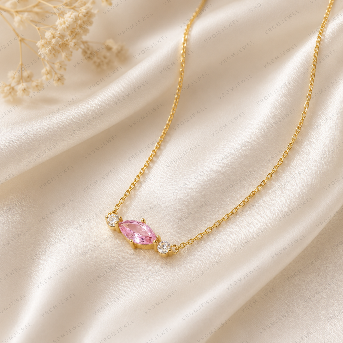 Pink Marquise Lab Grown Diamond Necklace, Marquise Diamond Pendant, Pink Diamond Necklace, Solid Gold Necklace, Minimalist Diamond Necklace
