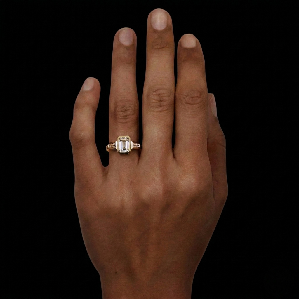 Emerald Cut Lab Grown Diamond Ring, Bezel Set Solitaire Engagement Ring, 14K Yellow Gold Minimalist Ring, IGI Certified Diamond Ring