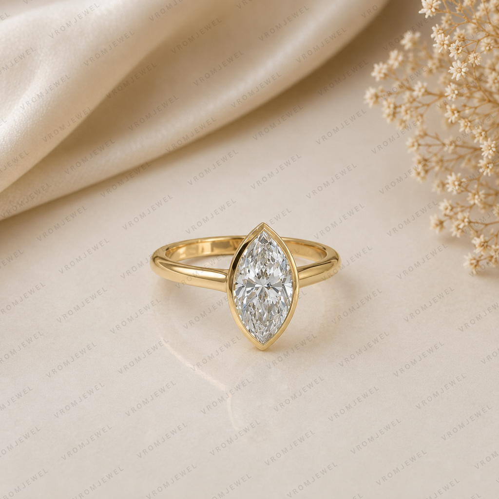 Marquise Cut Lab Grown Diamond Bezel Set Solitaire Ring in Solid 14K Gold
