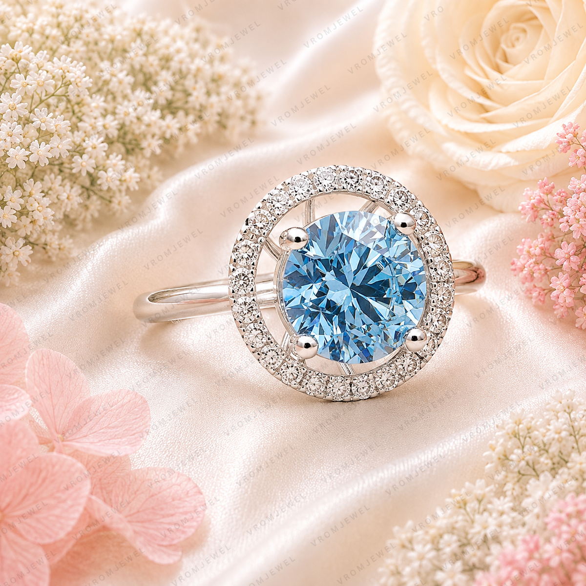 Blue Round Lab Grown Diamond Ring, 5 Carat Blue Diamond Engagement Ring, Round Cut Halo Ring, Pavé Diamond Halo, Unique Statement Ring