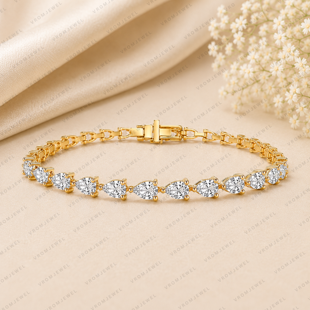 5.60ct Pear Cut Lab Grown Diamond Tennis Bracelet: 14k Gold Bridal Jewelry