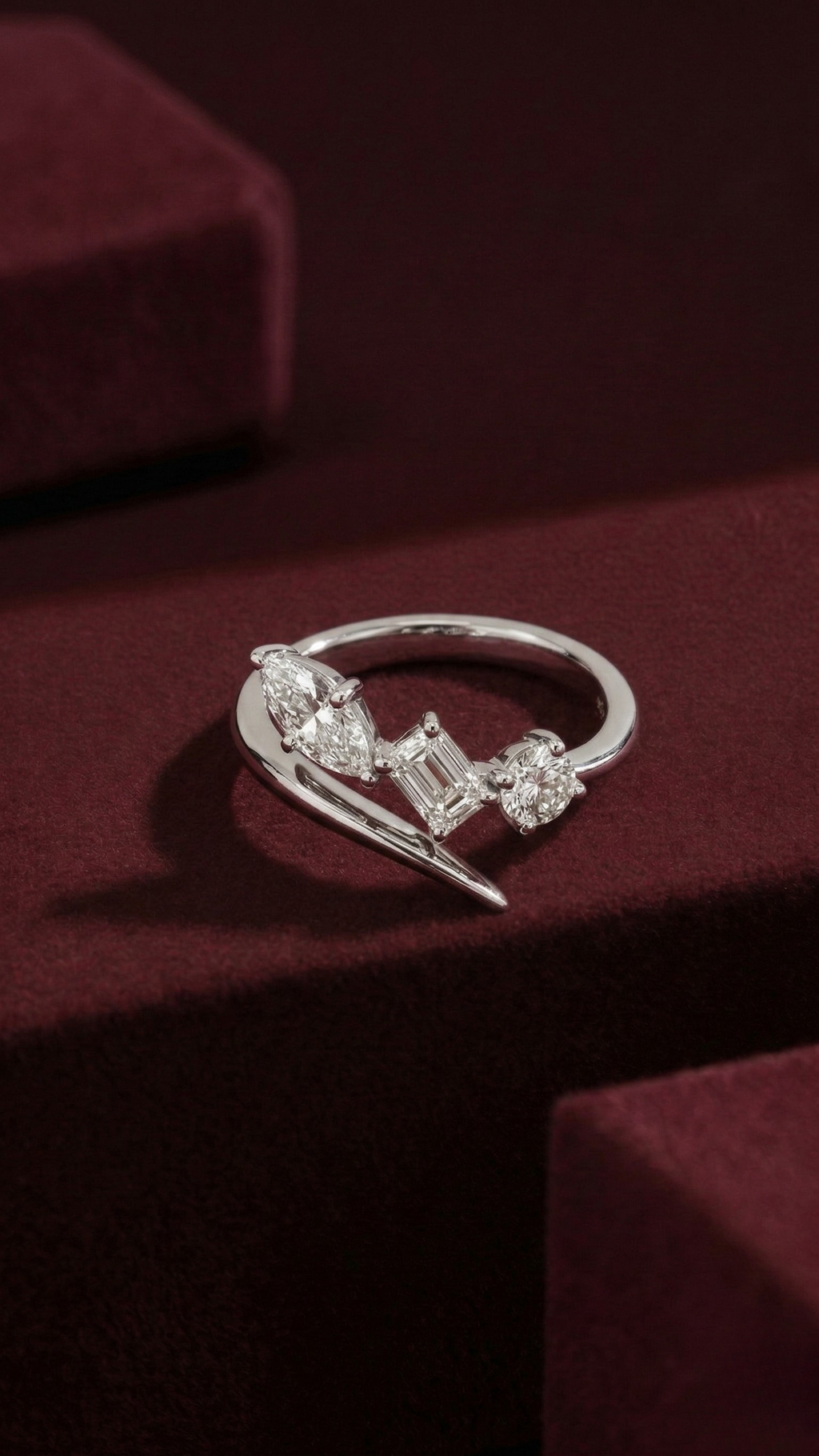 Three Stone Lab Grown Diamond Ring, Marquise Emerald Round Diamond Ring, 0.81 Carat Mixed Shape Diamond Engagement Ring, Unique Bypass Ring