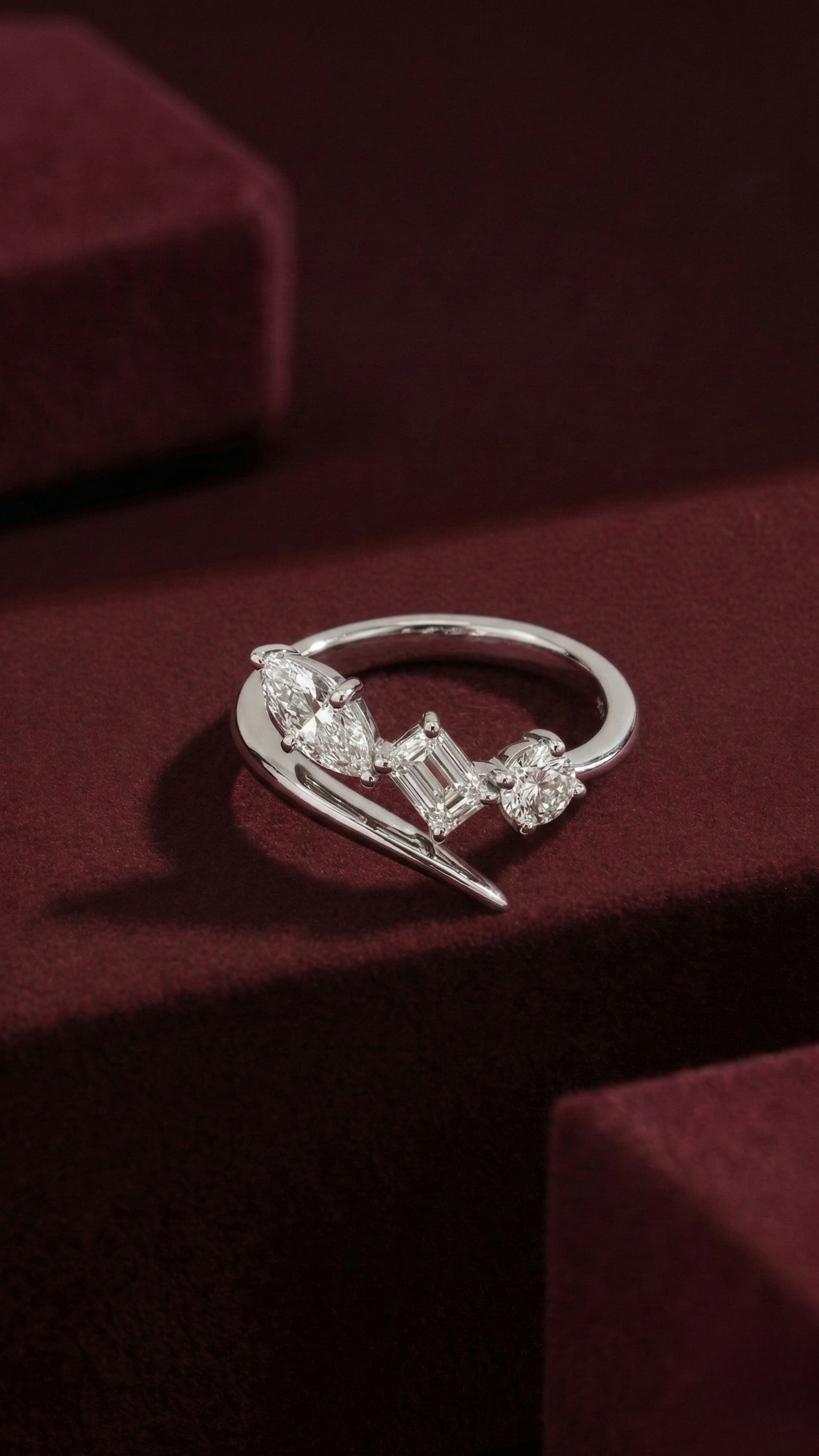 Three Stone Lab Grown Diamond Ring, Marquise Emerald Round Diamond Ring, 0.81 Carat Mixed Shape Diamond Engagement Ring, Unique Bypass Ring