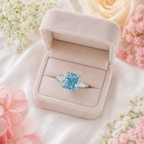 Blue Cushion Cut Lab Grown Diamond Ring, 3 Carat Blue Diamond Engagement Ring, Baguette Side Stones, Statement Ring, Pavé Band, 10K 14K 18K