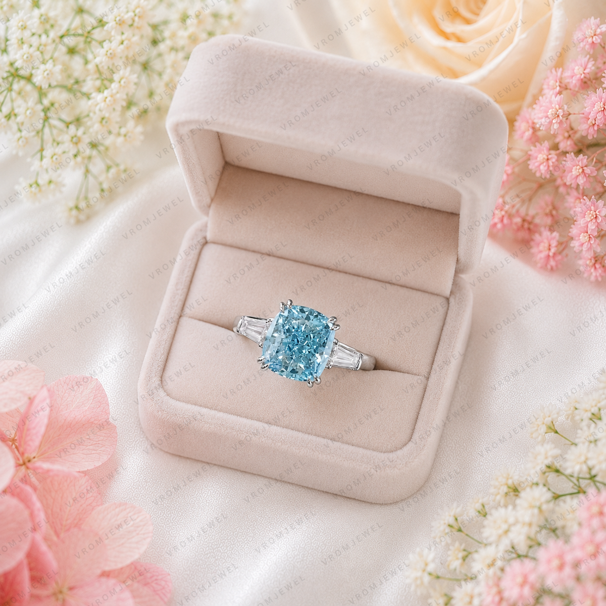 Blue Cushion Cut Lab Grown Diamond Ring, 3 Carat Blue Diamond Engagement Ring, Baguette Side Stones, Statement Ring, Pavé Band, 10K 14K 18K