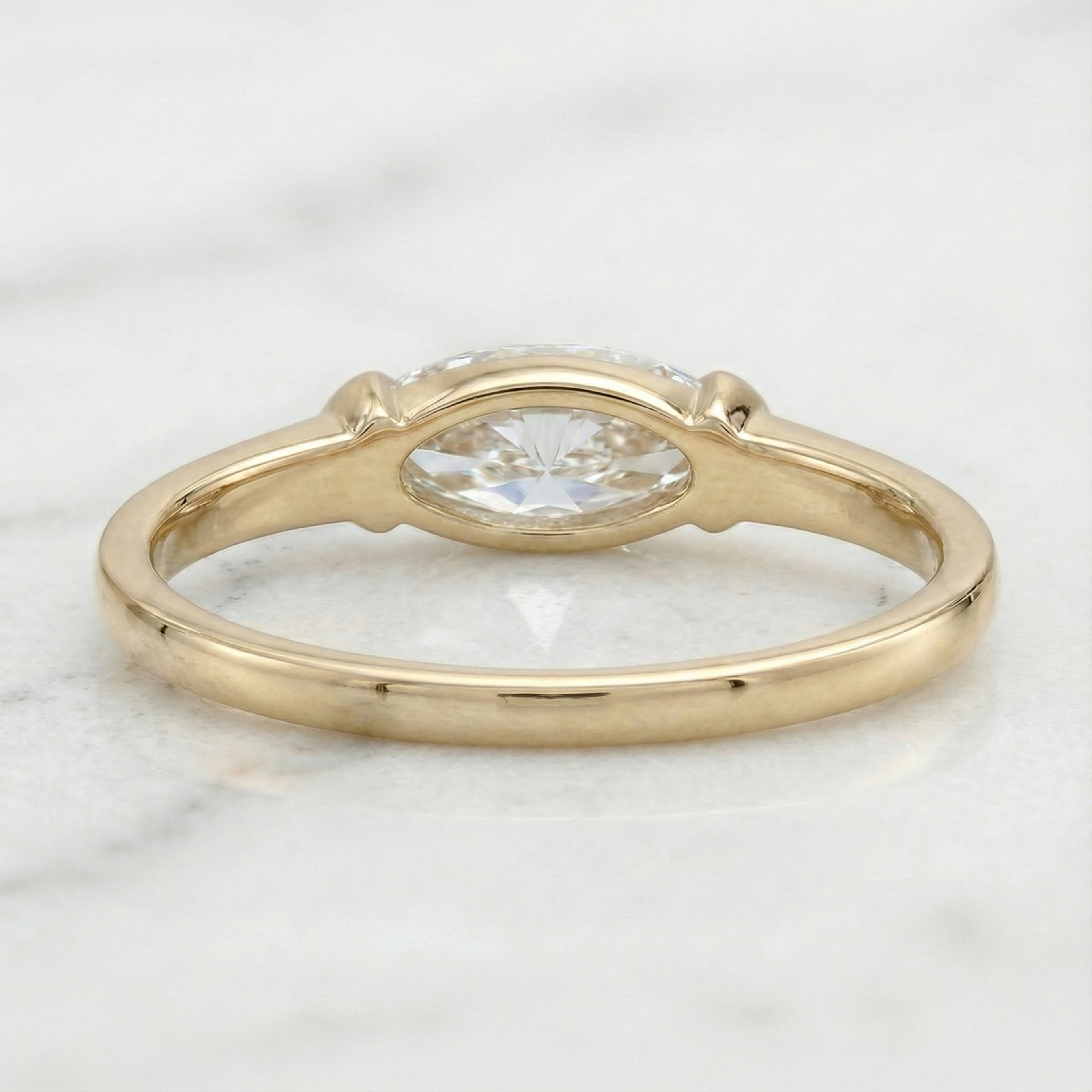 Moval Cut East West Half Bezel Solitaire Ring | Lab Grown Diamond | 14K Yellow Gold