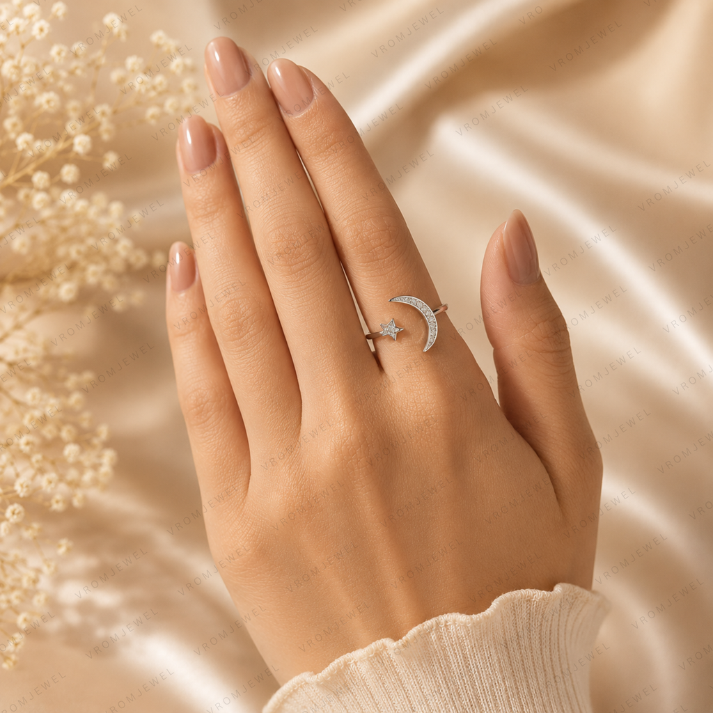 Moon and Star Lab Grown Diamond Ring, Celestial Diamond Ring, Crescent Moon Ring, Star Ring, Solid Gold Open Ring, Minimalist Promise Ring